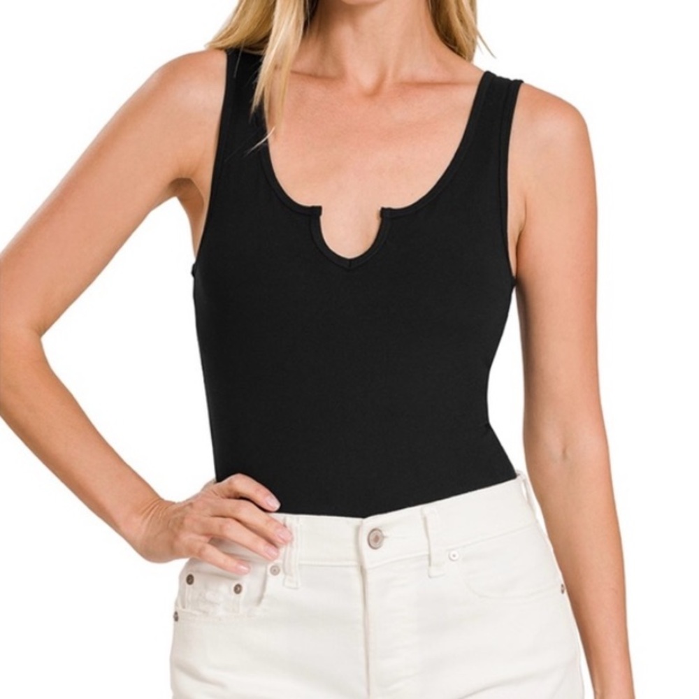 🟠NWT ZENANA Brushed Microfiber Split Neck Thong Bodysuit in Black